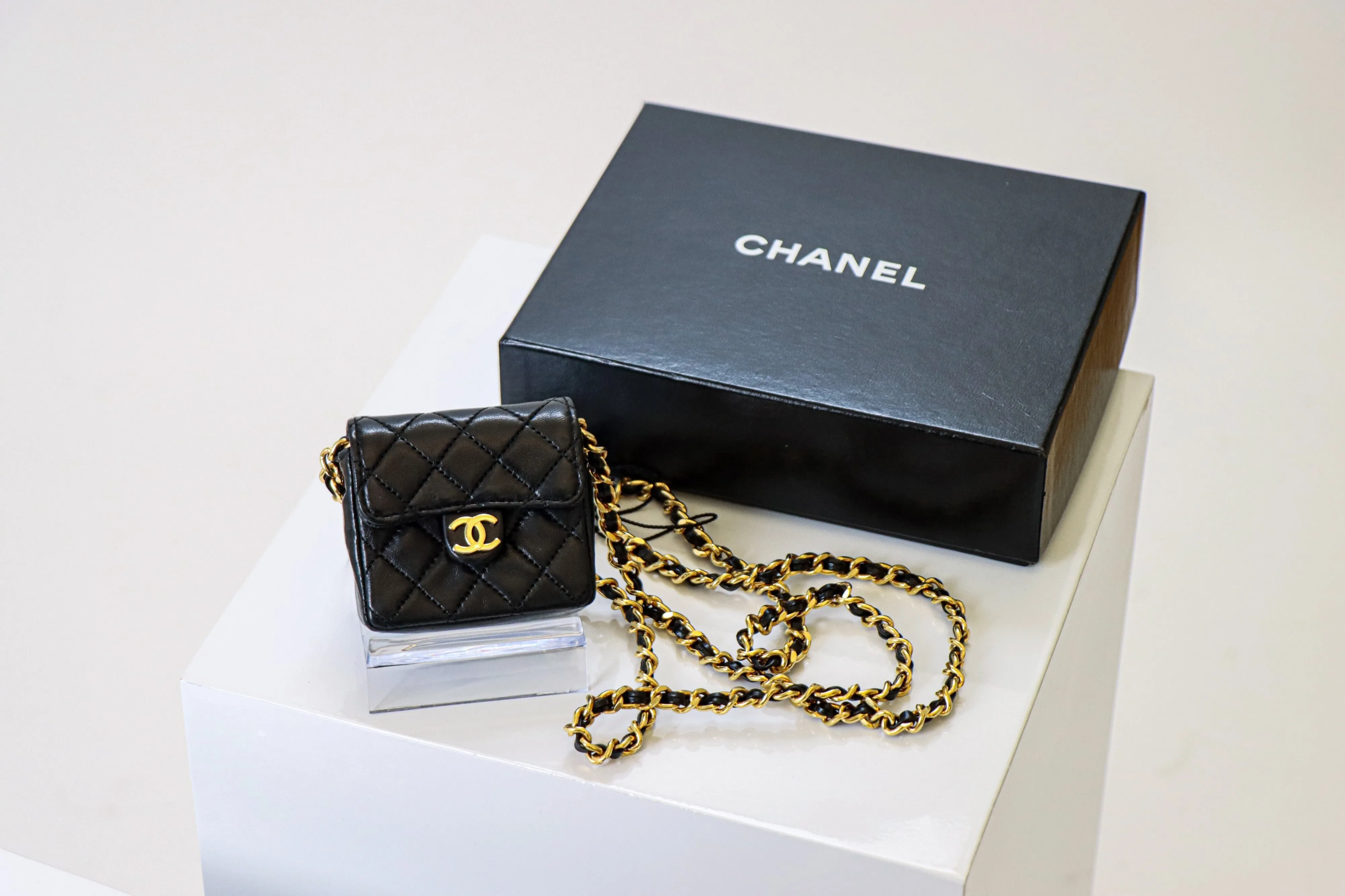 Chanel Black Mini Quilted Leather Coin Purse with Chain Strap