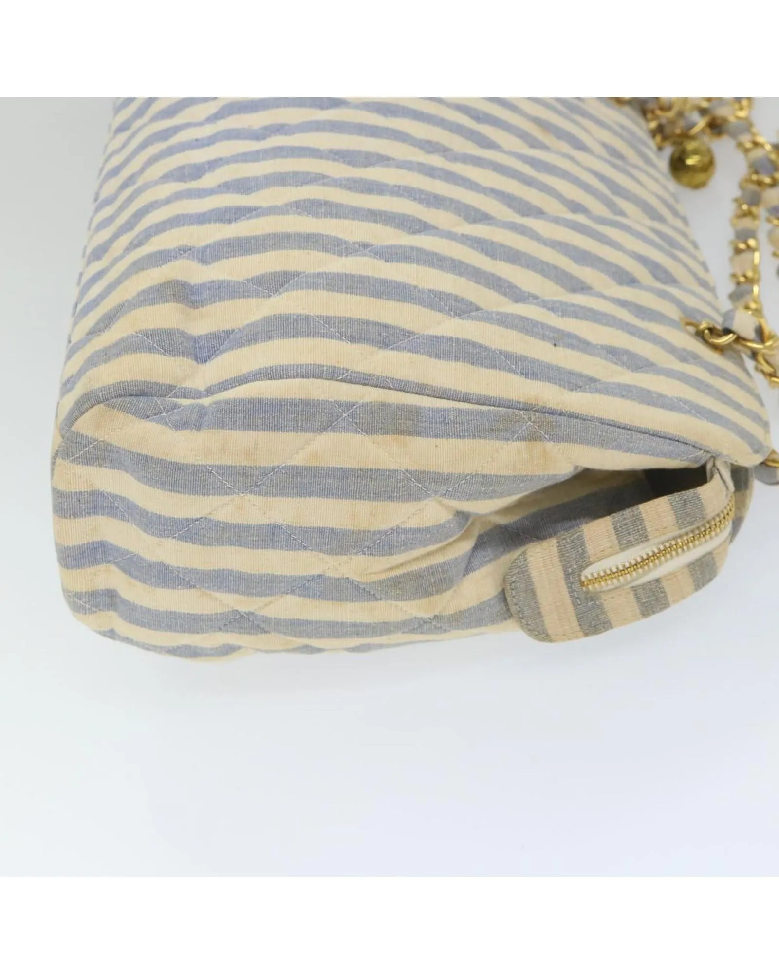 CHANEL Classic Double Flap Striped Canvas Shoulder Bag Blue