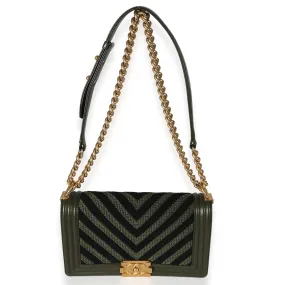 CHANEL Khaki and Black Lambskin Braided Chevron Medium Boy Bag