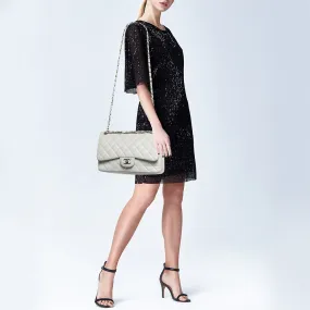 CHANEL Light Grey Quilted Leather Jumbo Classic Double Flap Bag