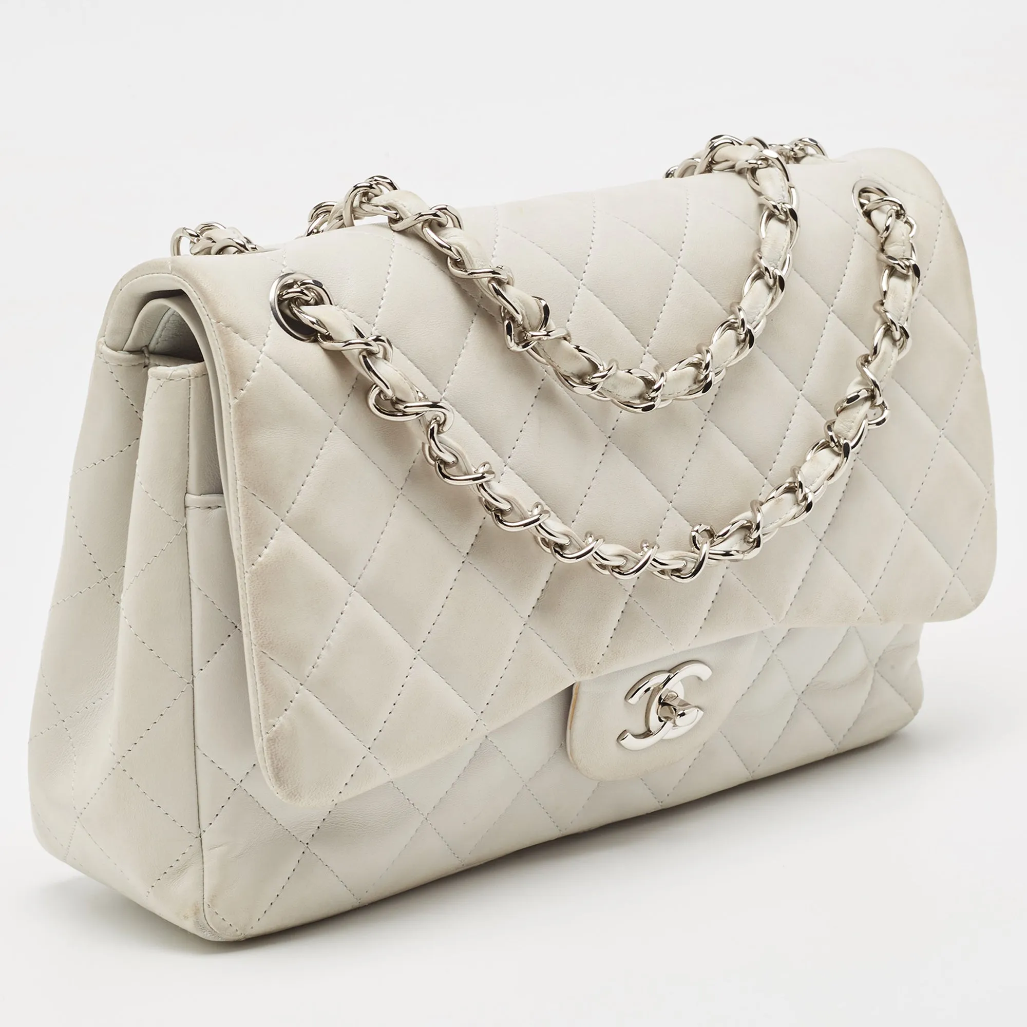 CHANEL Light Grey Quilted Leather Jumbo Classic Double Flap Bag