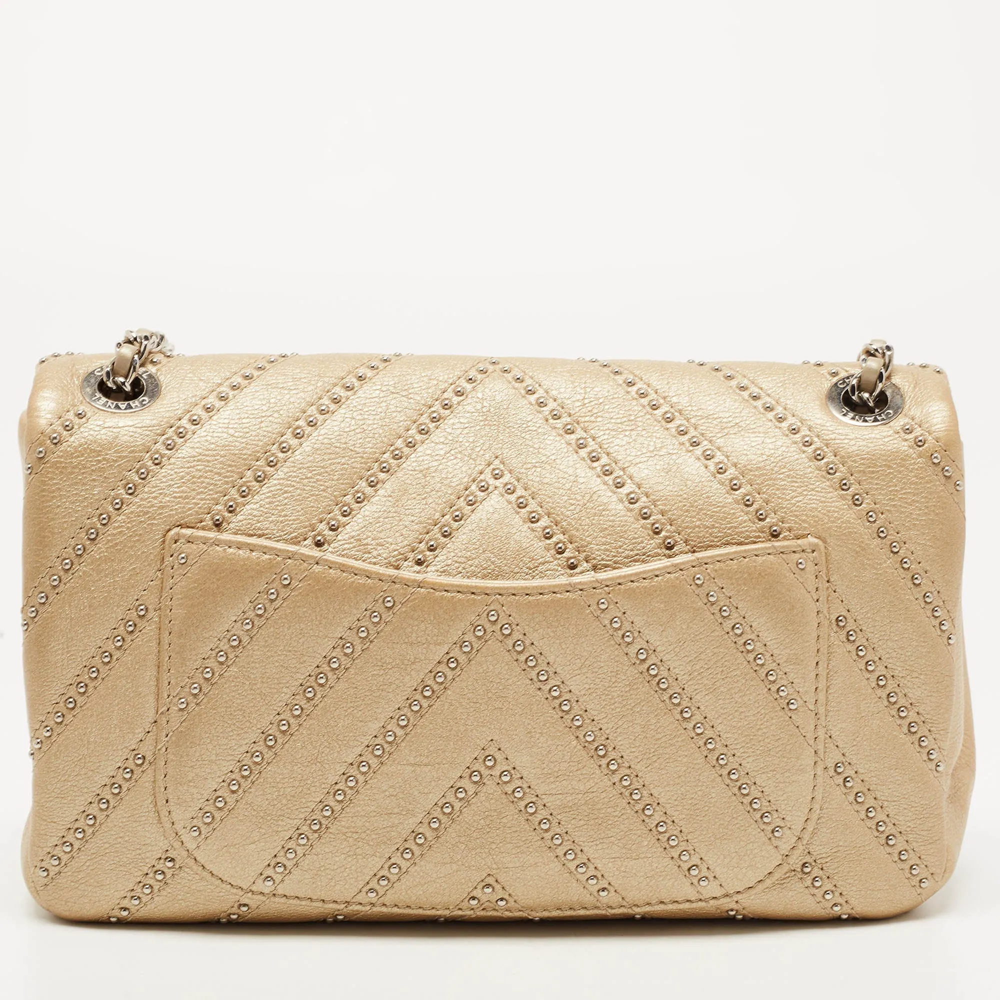 CHANEL Metallic Beige Studded Chevron Leather Stud Wars CC Flap Crossbody Bag