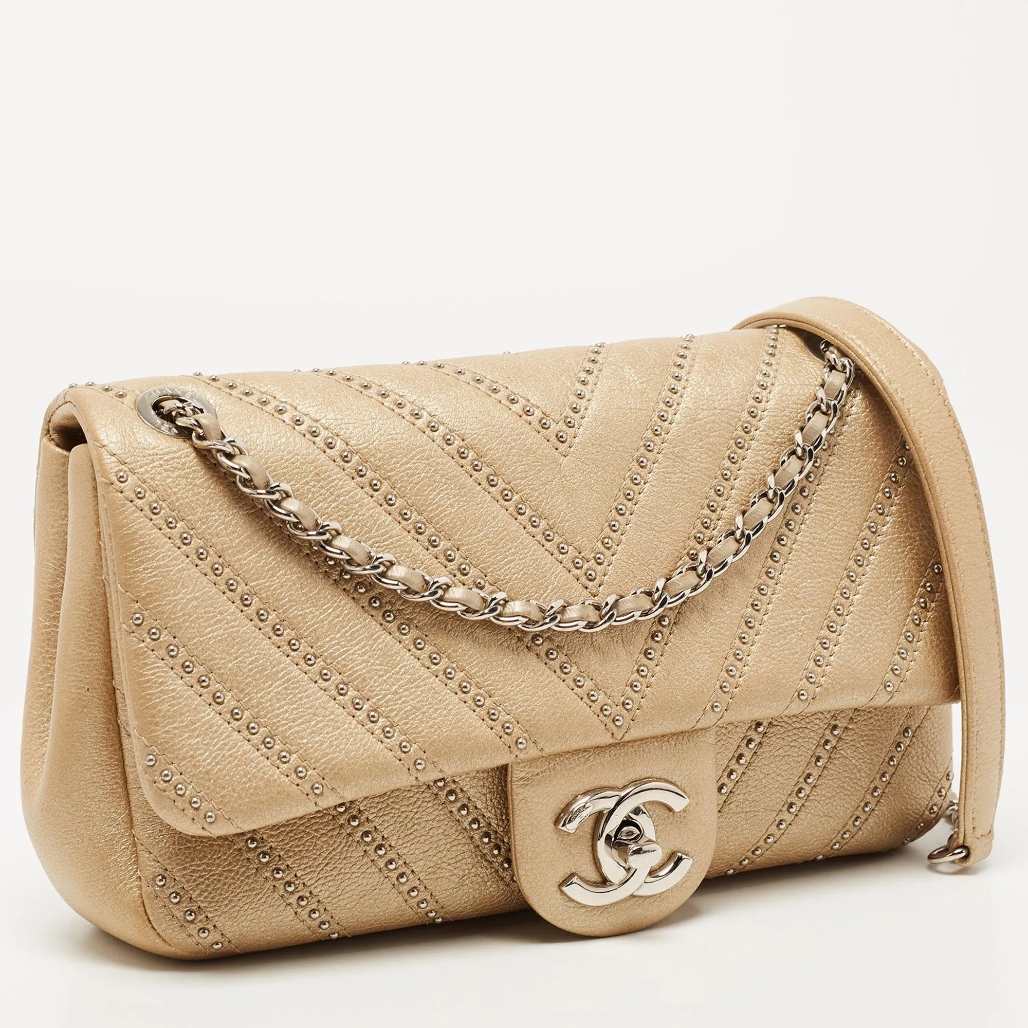 CHANEL Metallic Beige Studded Chevron Leather Stud Wars CC Flap Crossbody Bag