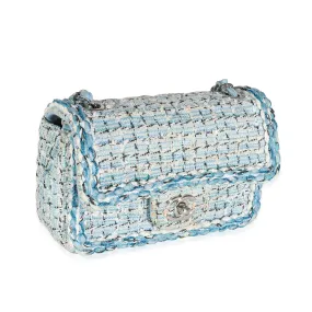 CHANEL Metallic Blue White Tweed Mini Rectangular Flap Bag
