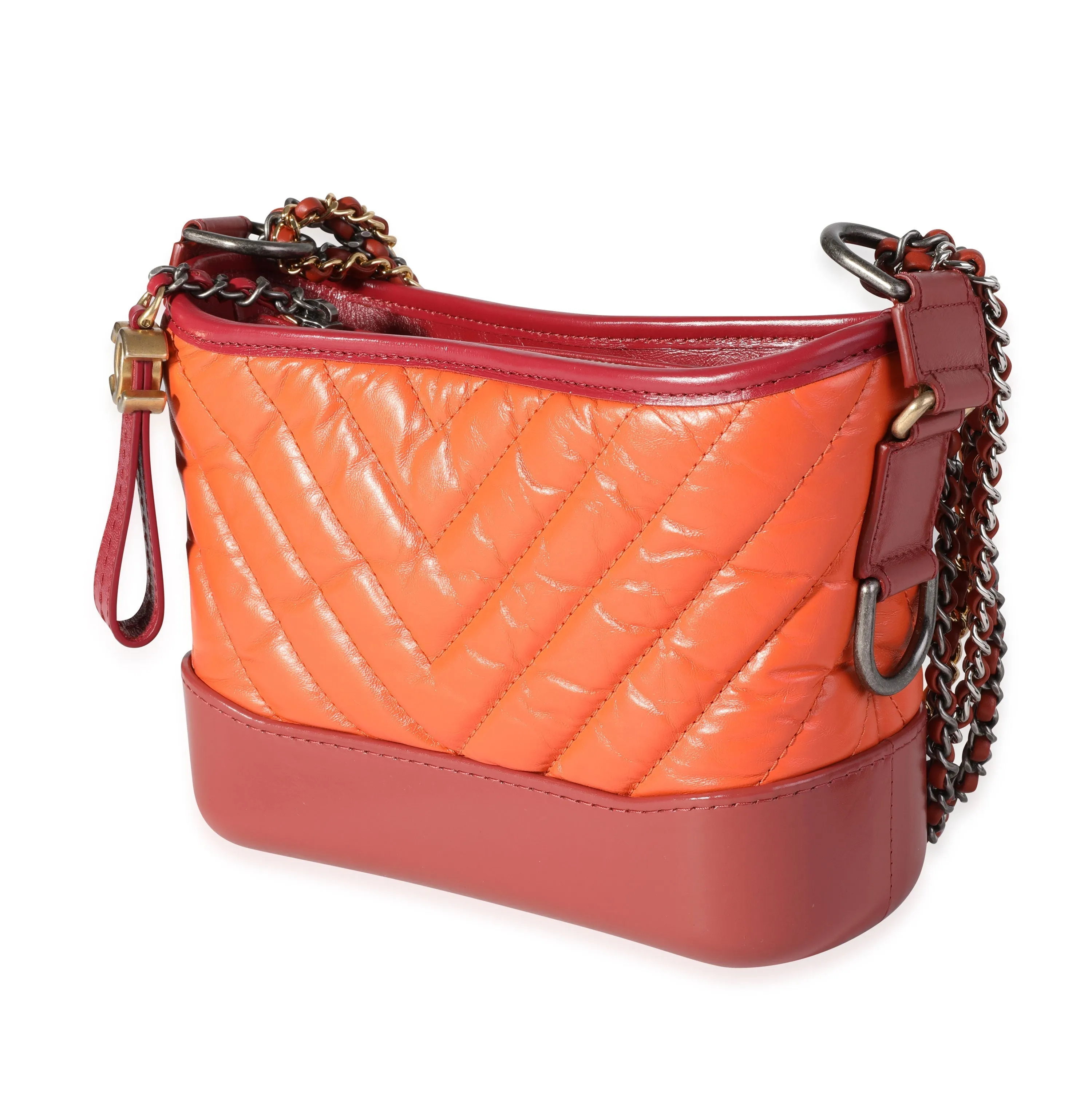 CHANEL Orange & Red Aged Calfskin Chevron Quilted Small Gabrielle Hobo