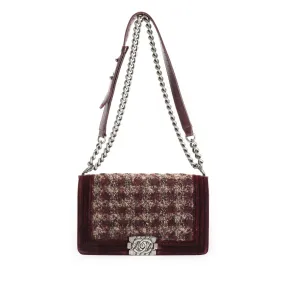 CHANEL Paris-edimbourg Burgundy Quilted Velvet & Tweed Old Medium Boy Bag