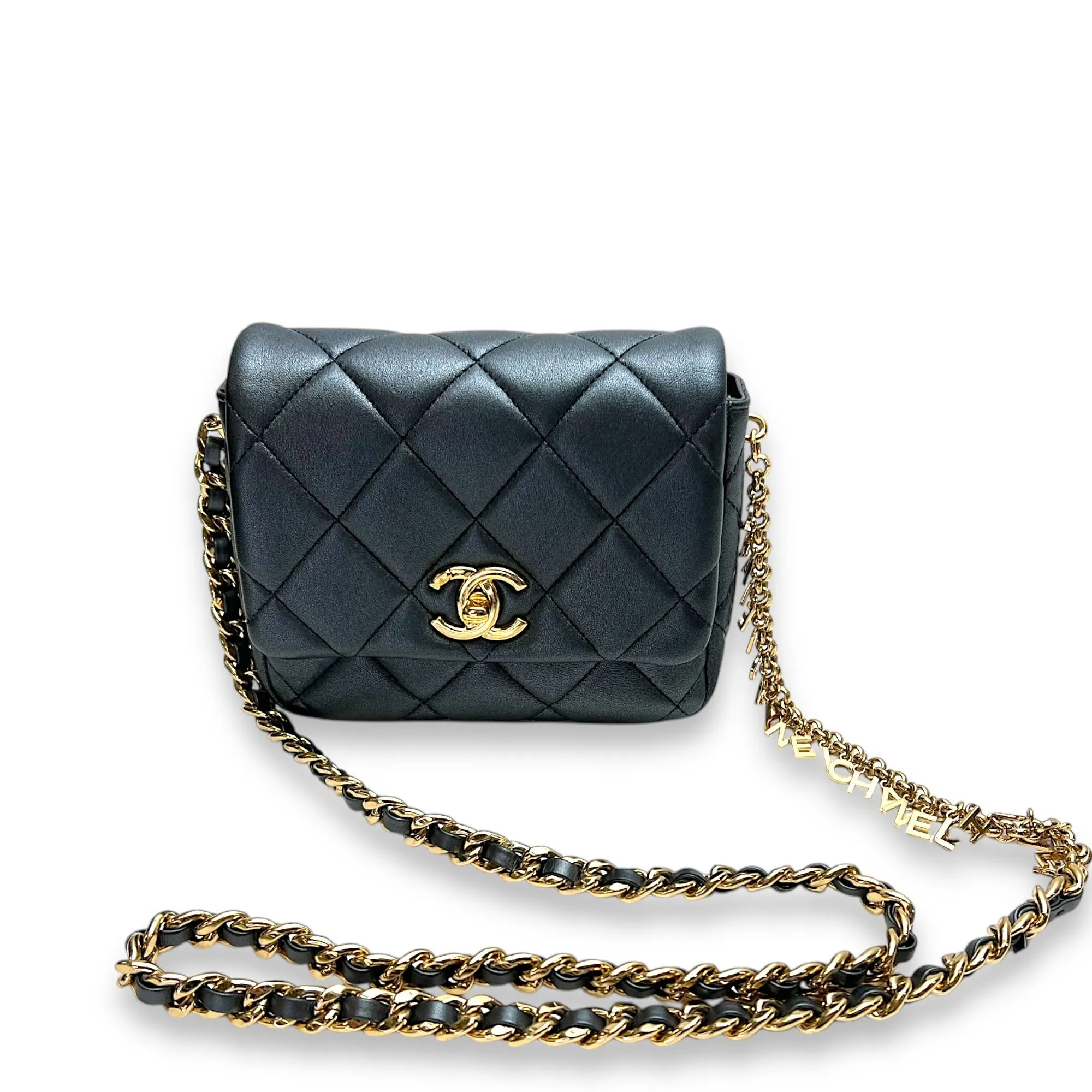 Charm chain Grey Crossbody Bag in Calfskin, Gold hardware
