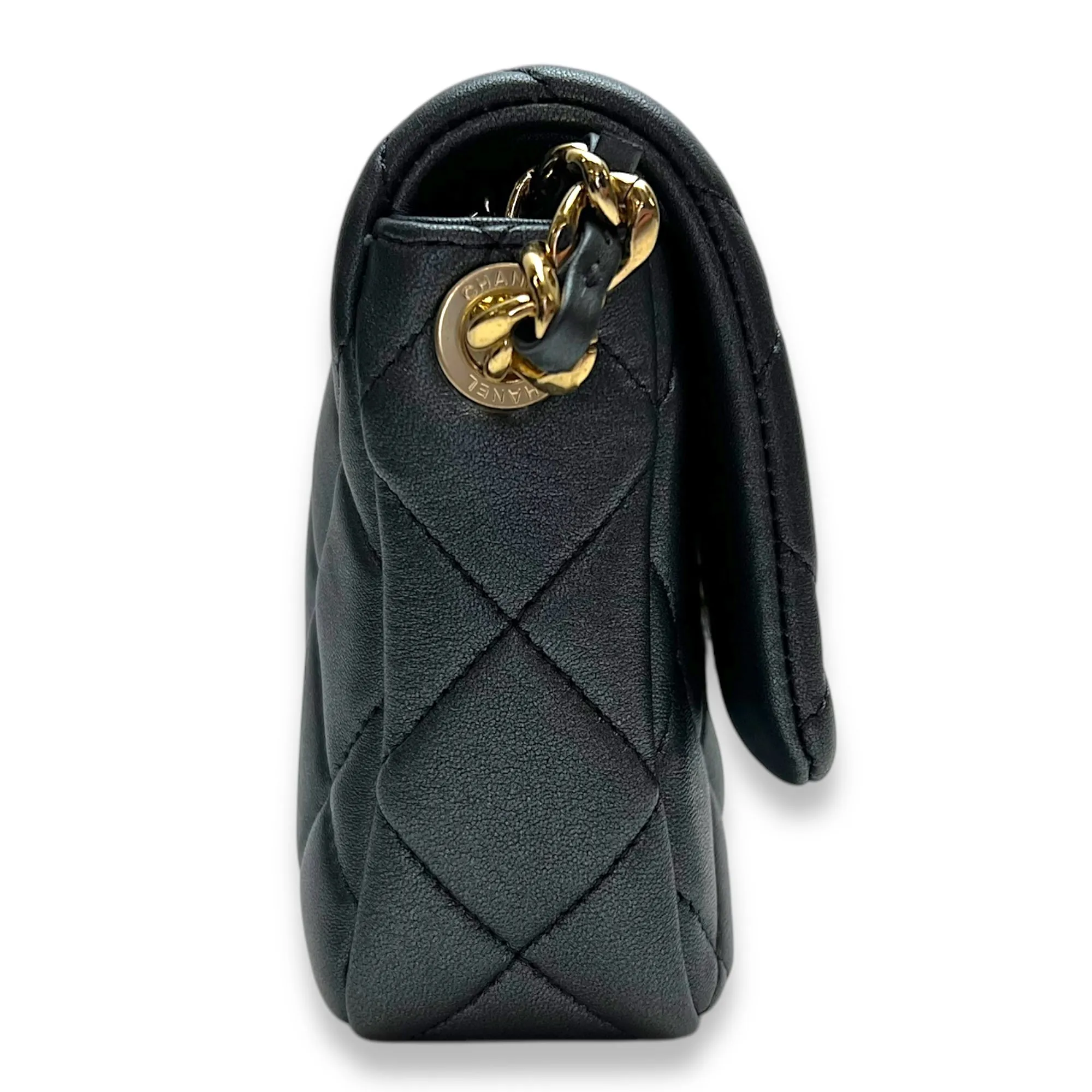 Charm chain Grey Crossbody Bag in Calfskin, Gold hardware