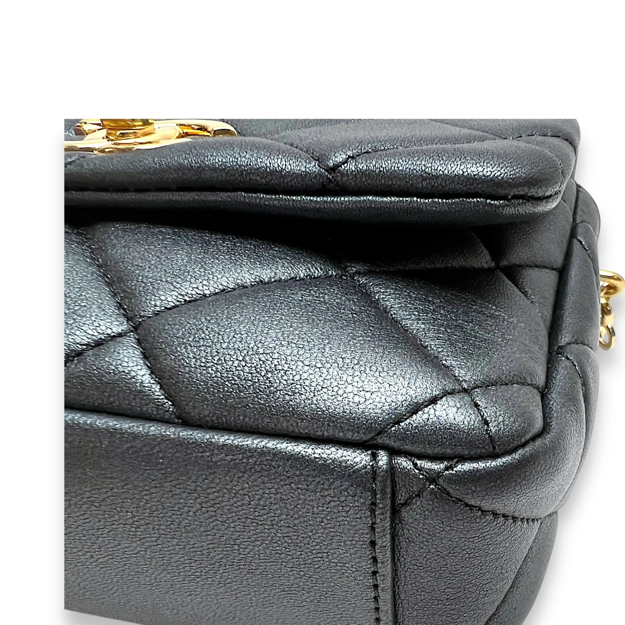 Charm chain Grey Crossbody Bag in Calfskin, Gold hardware