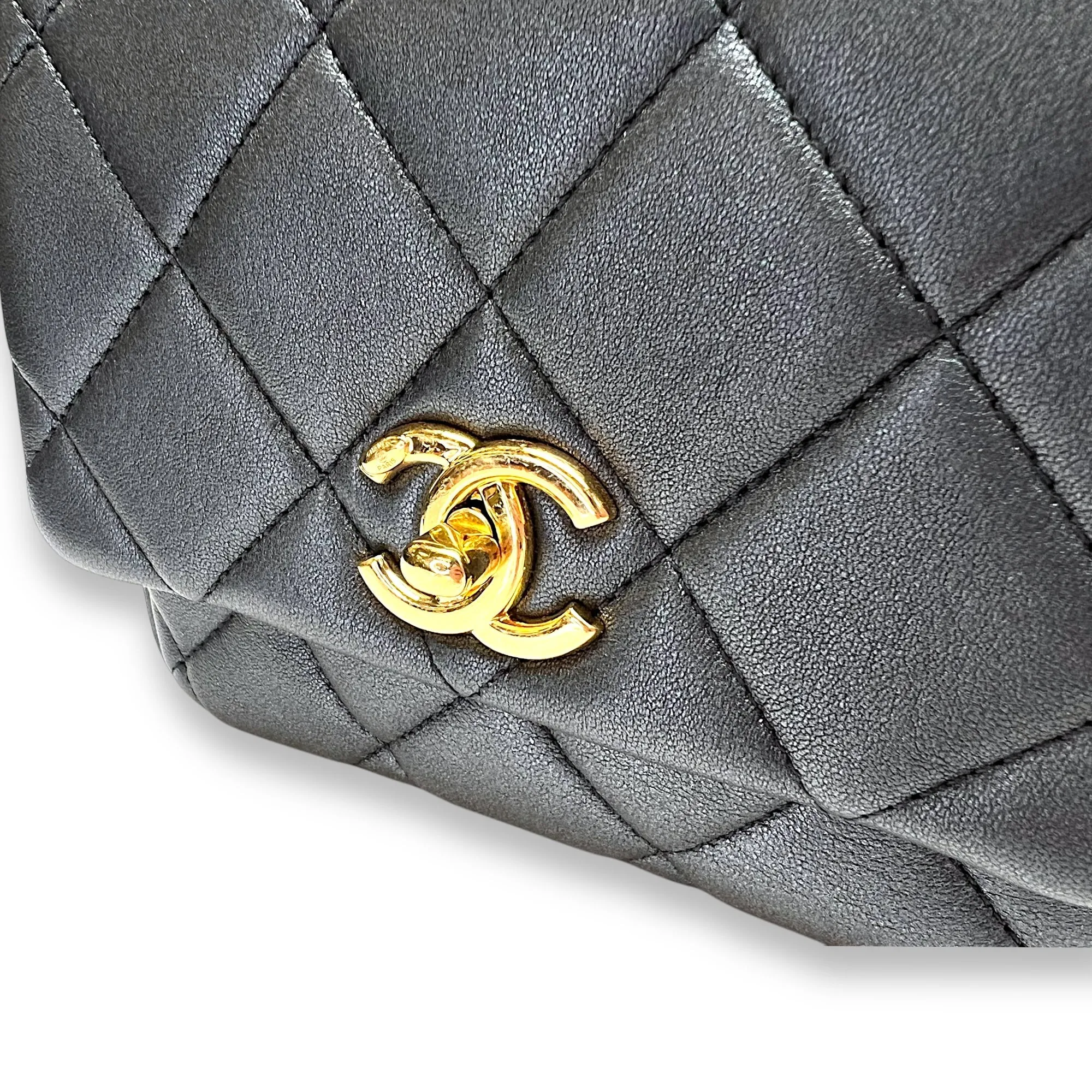 Charm chain Grey Crossbody Bag in Calfskin, Gold hardware