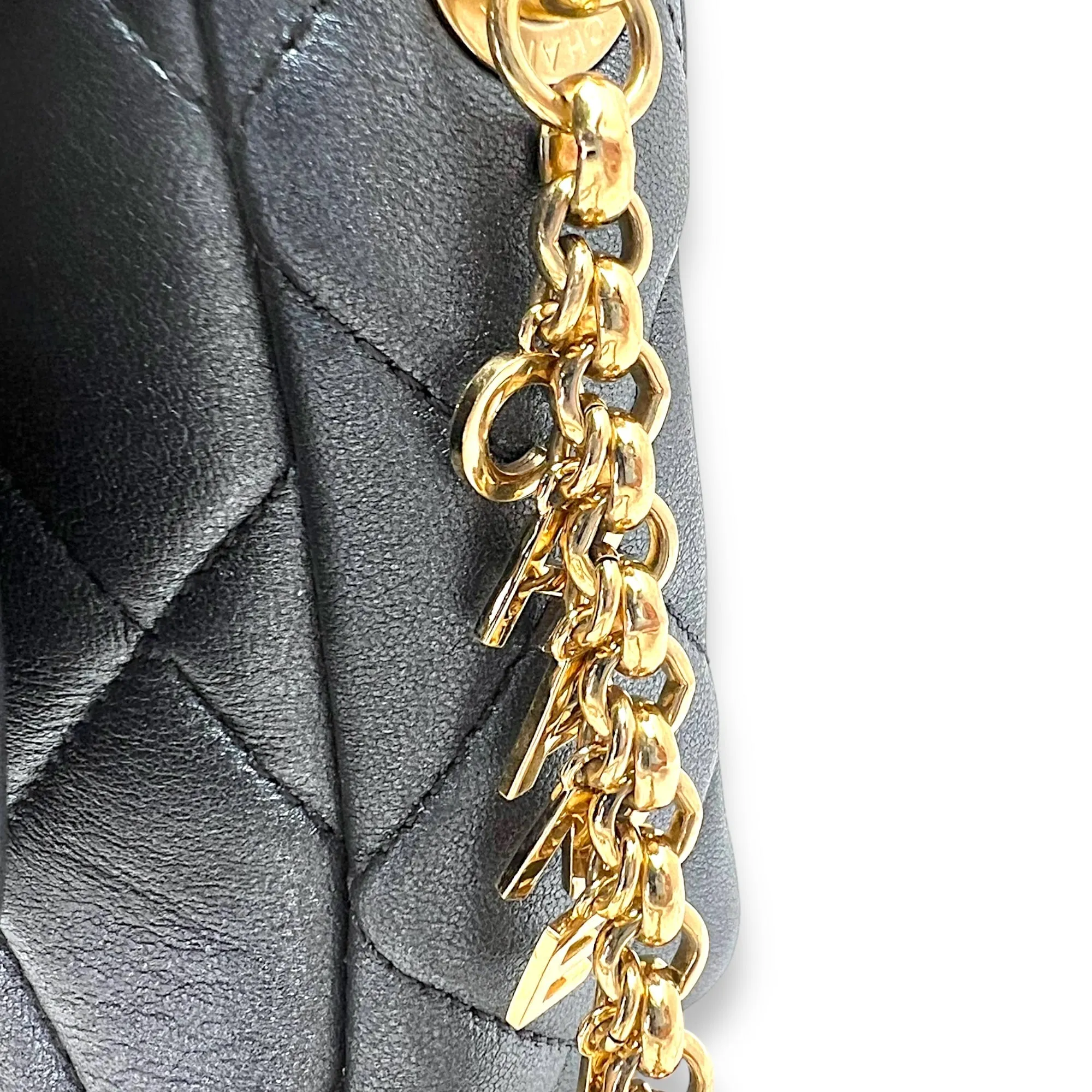 Charm chain Grey Crossbody Bag in Calfskin, Gold hardware