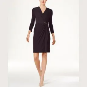 Charter Club Womens Long Sleeve Faux-Wrap Dress, Dark Wineberry, Small