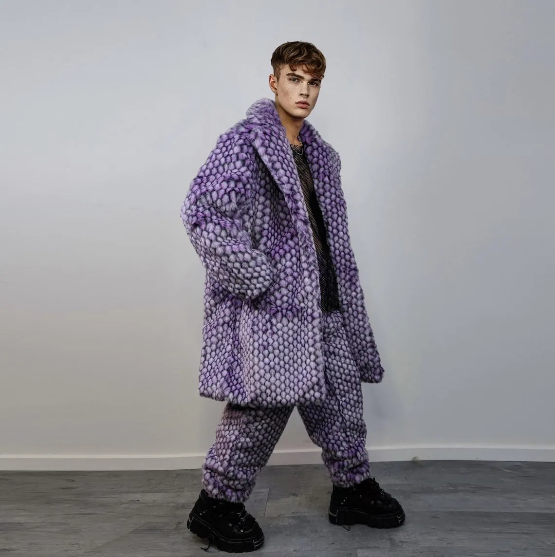 Checked faux fur joggers geometric raver pants fluffy winter trousers skiing fleece overalls festival bottoms neon burning man pants yellow
