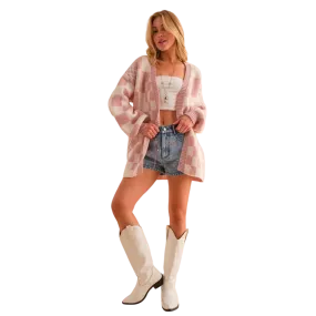 Checkerboard Long Cardigan - Mauve