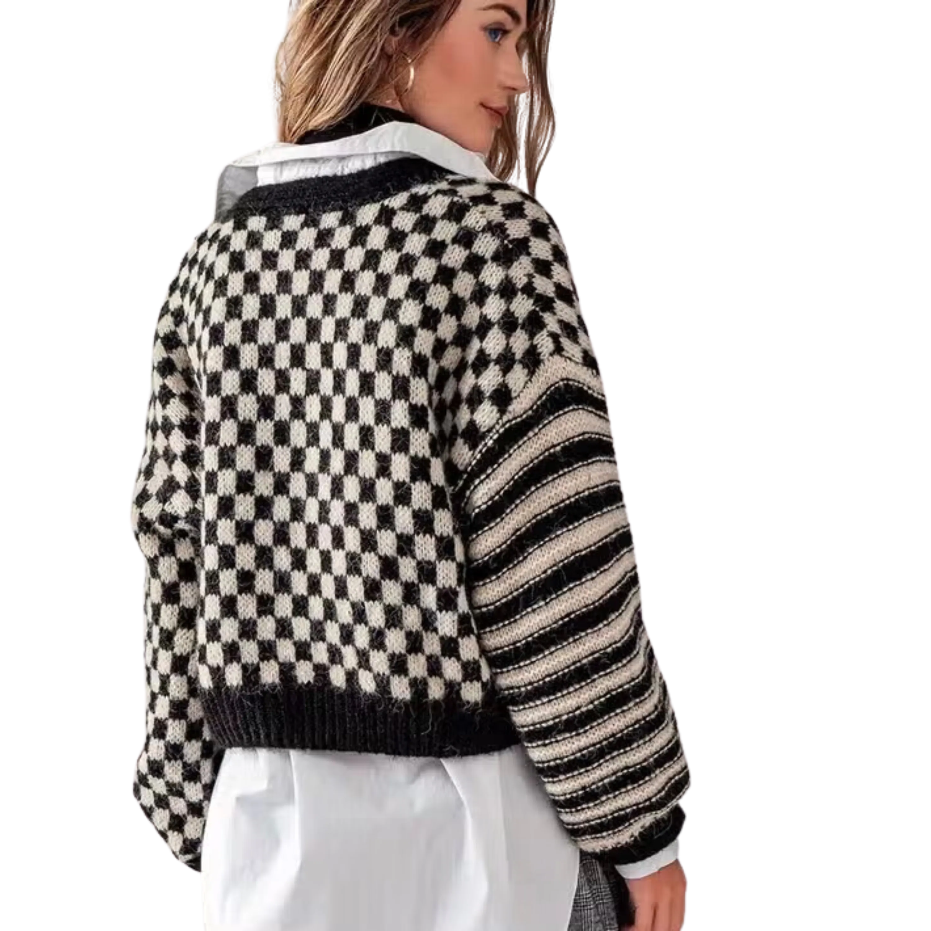 Checkered and Striped Boxy Fit Cardigan - Black