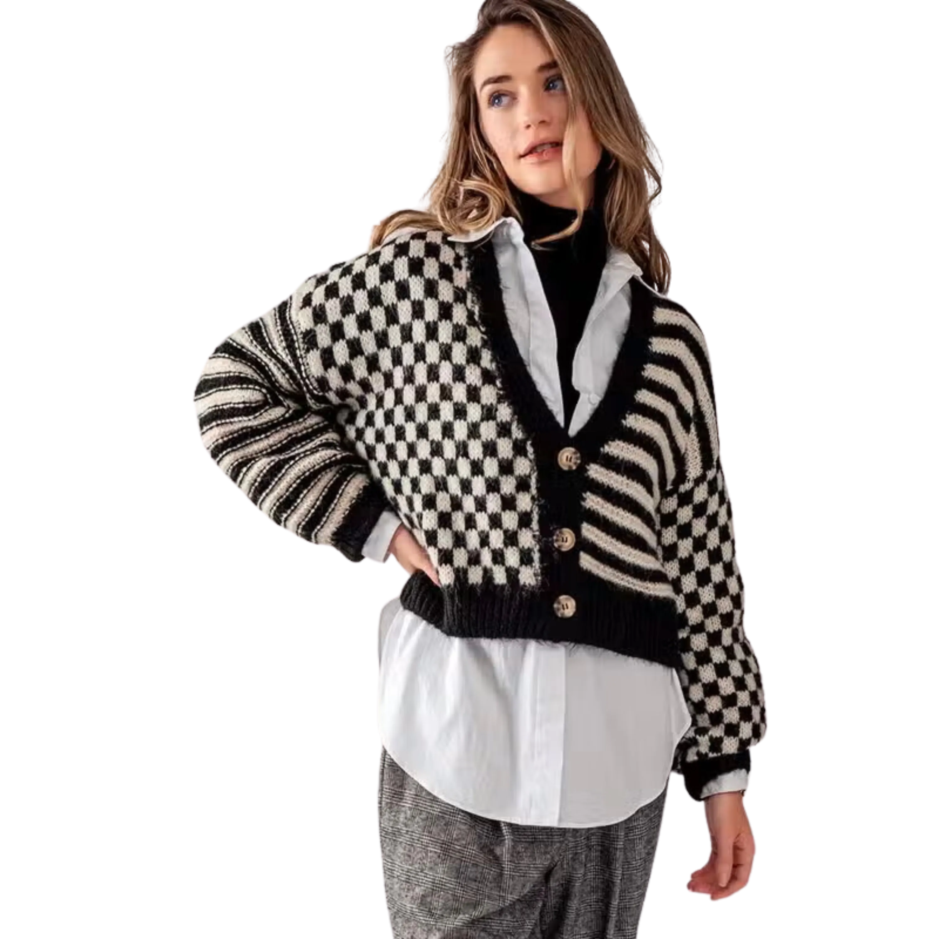 Checkered and Striped Boxy Fit Cardigan - Black