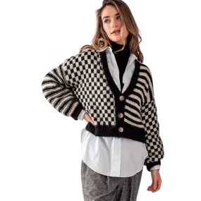 Checkered and Striped Boxy Fit Cardigan - Black