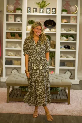 Cheetah Puff Sleeve Midi Dress