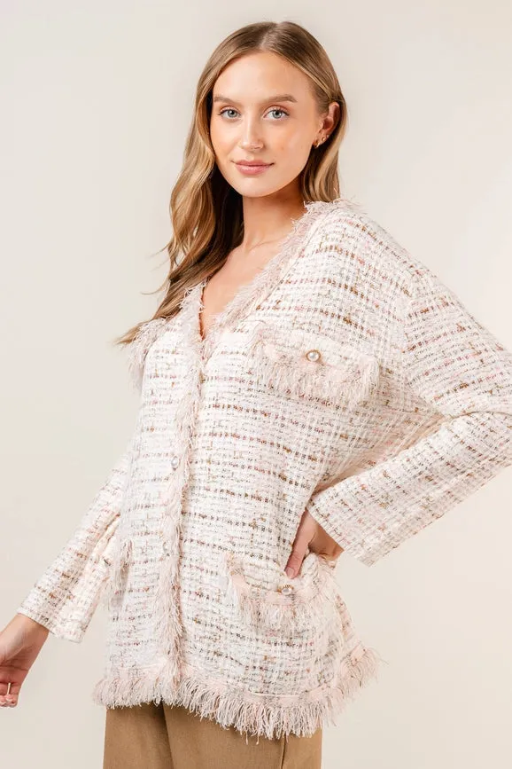 Chic Frayed Tweed Ribbon Pearl Loose Fit Cardigan