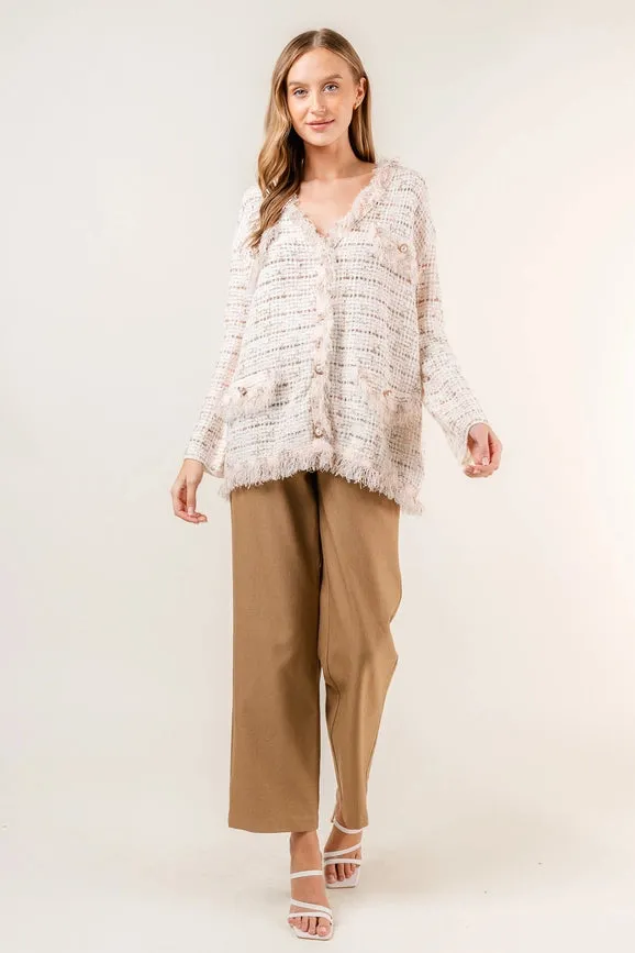 Chic Frayed Tweed Ribbon Pearl Loose Fit Cardigan
