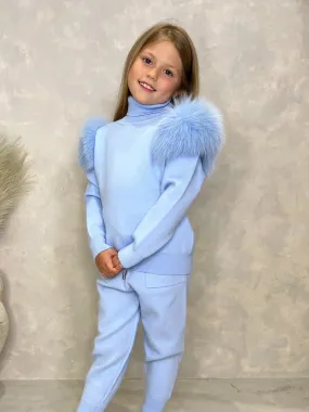 Childrens Baby Blue Luxury Fur Roll Neck Jogger Tracksuit