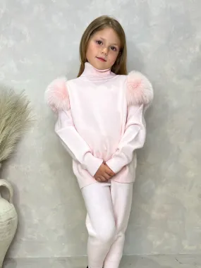 Childrens Baby Pink Luxury Fur Roll Neck Jogger Tracksuit