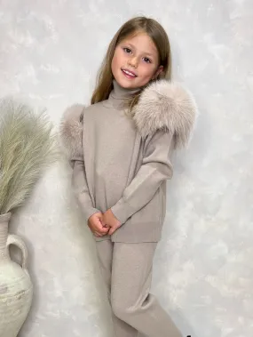 Childrens Beige Luxury Fur Roll Neck Jogger Tracksuit