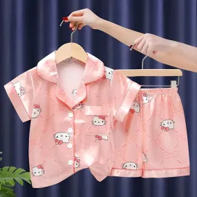 Children's Ice Silk Pajamas Set Girls Sanrio Hello Kitty Cartoon Turn-down Collar Short Sleeve Top   Shorts 2Pcs Kids Nightwear