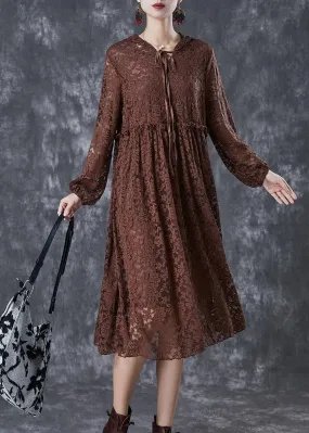 Chocolate Hollow Out Lace Long Dresses