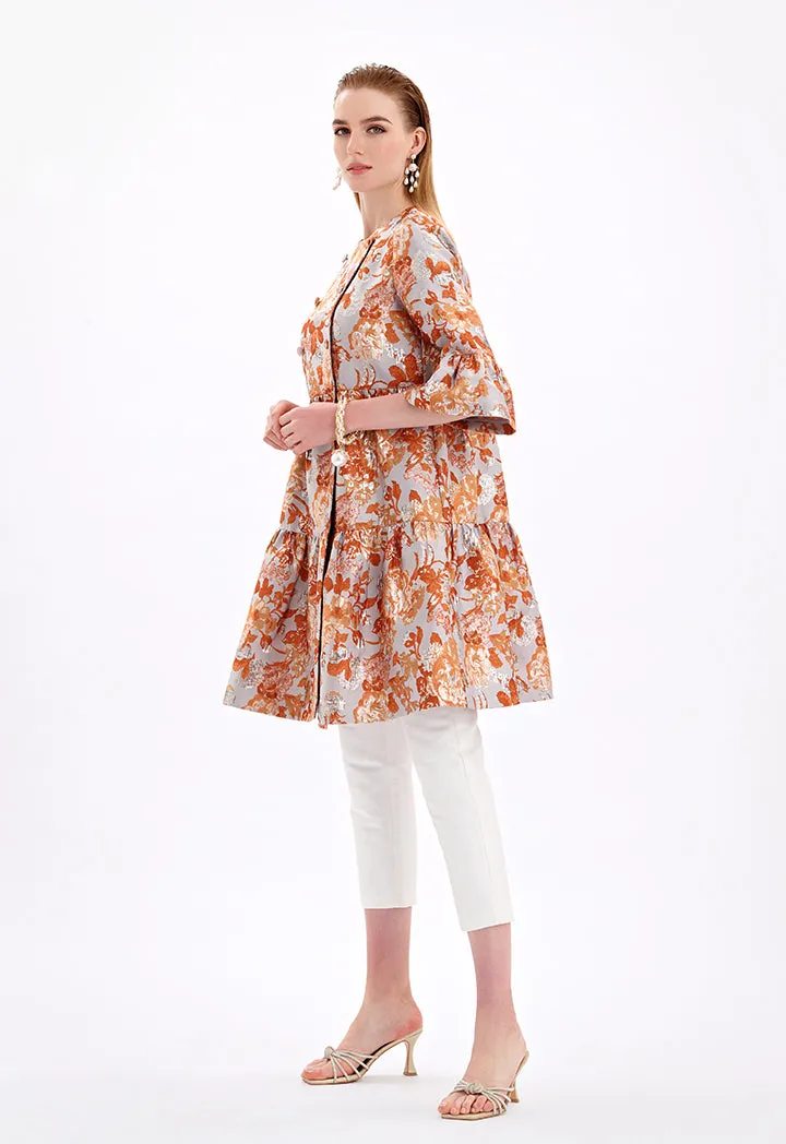 Choice Textured Floral Print Jacquard Midi Jacket Multicolor