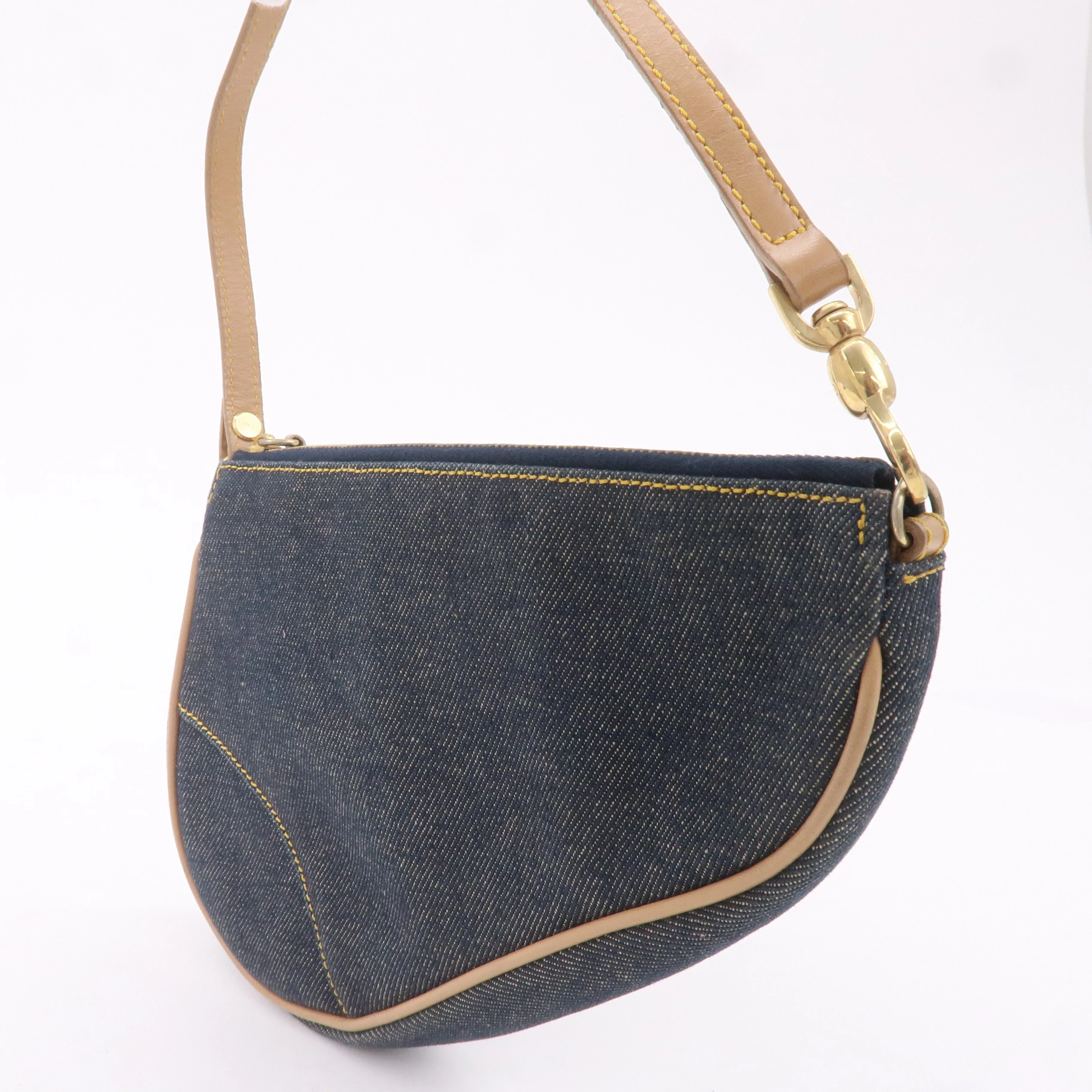 Christian Dior Denim Leather Saddle Bag Shoulder Bag Pouch Navy