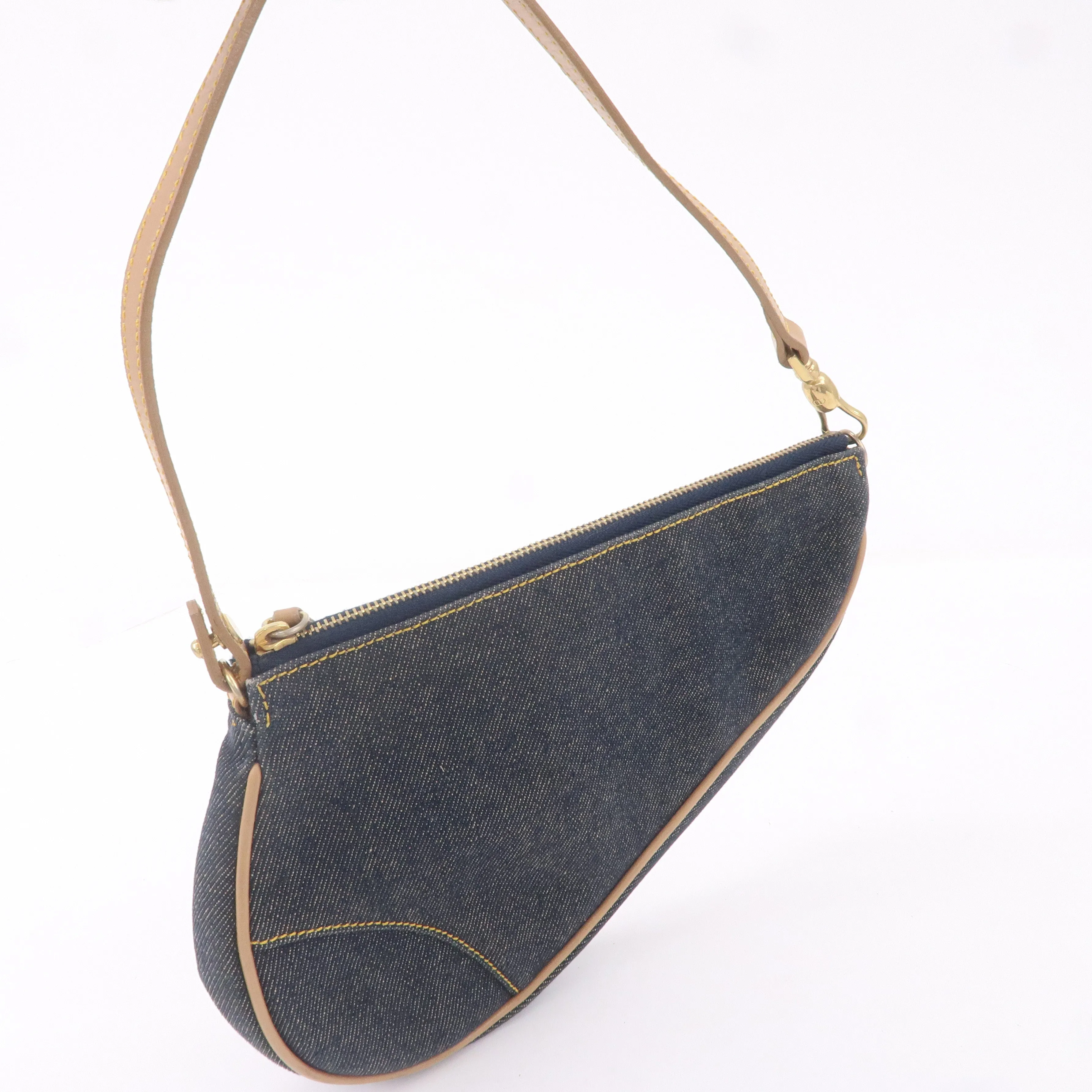 Christian Dior Denim Leather Saddle Bag Shoulder Bag Pouch Navy