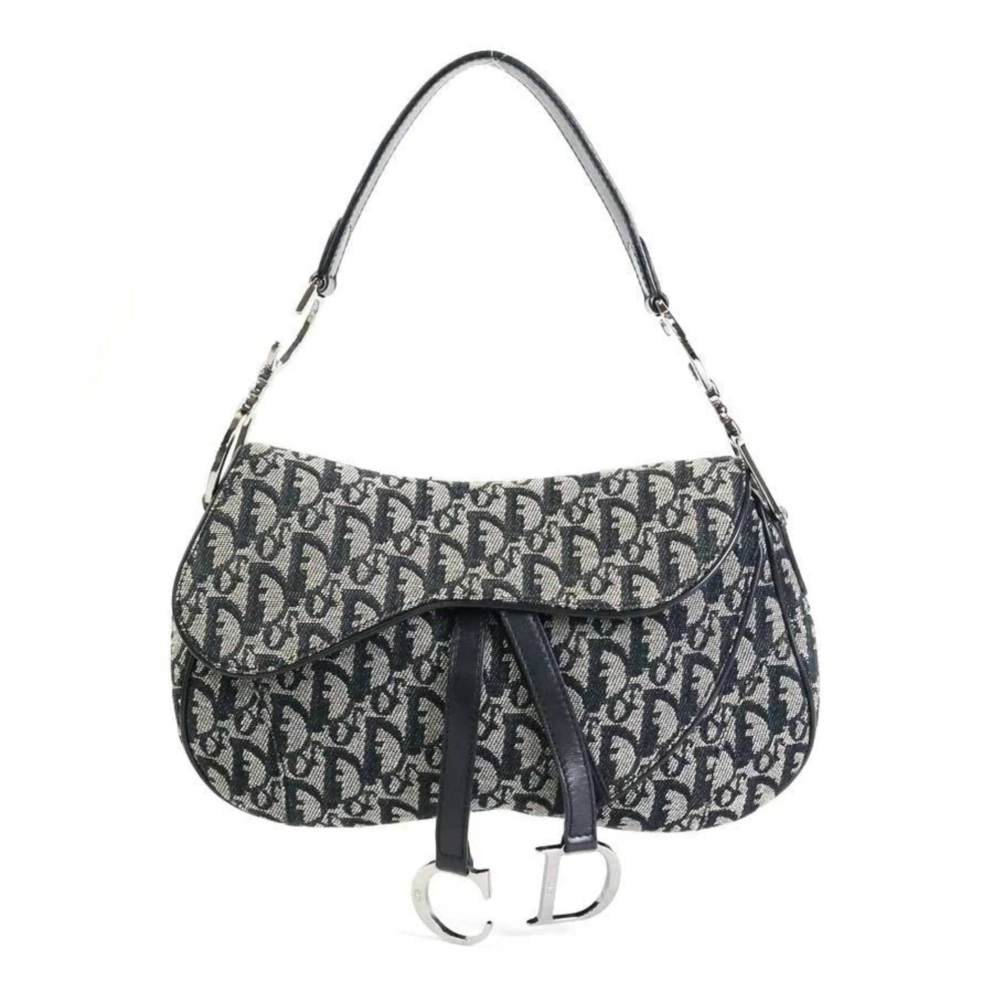 CHRISTIAN DIOR Shoulder Bag Trotter Double Saddle Canvas/Leather Gray/Black Silver Ladies