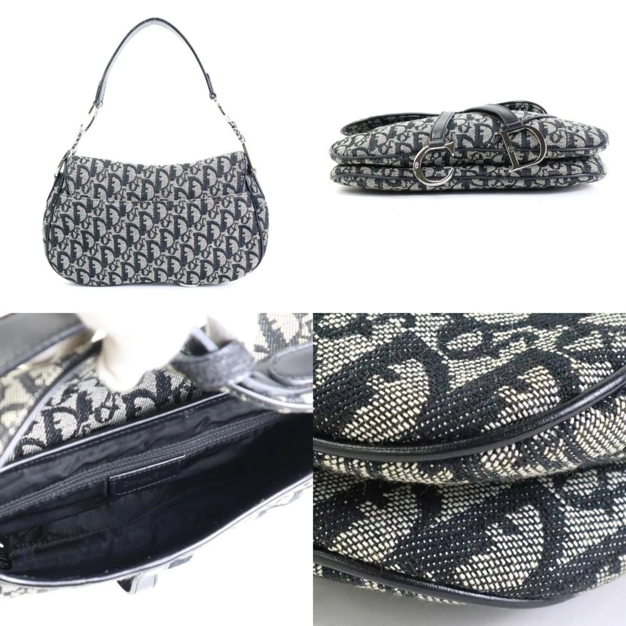 CHRISTIAN DIOR Shoulder Bag Trotter Double Saddle Canvas/Leather Gray/Black Silver Ladies