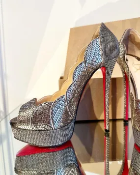CHRISTIAN LOUBOUTIN 150 MM Silver Metallic Torsatoe Glitter Platform Peep-Toe High Heel Pumps
