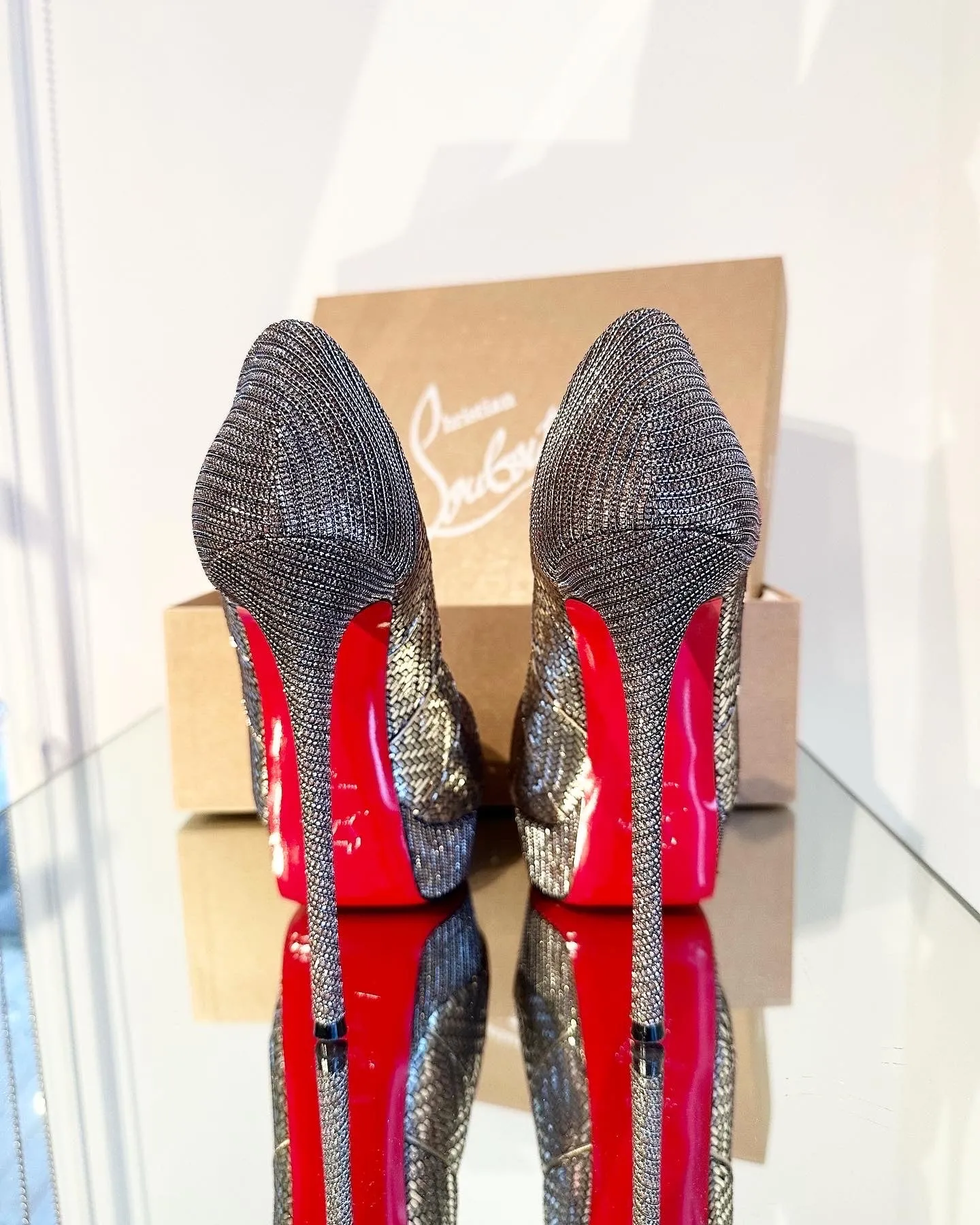 CHRISTIAN LOUBOUTIN 150 MM Silver Metallic Torsatoe Glitter Platform Peep-Toe High Heel Pumps