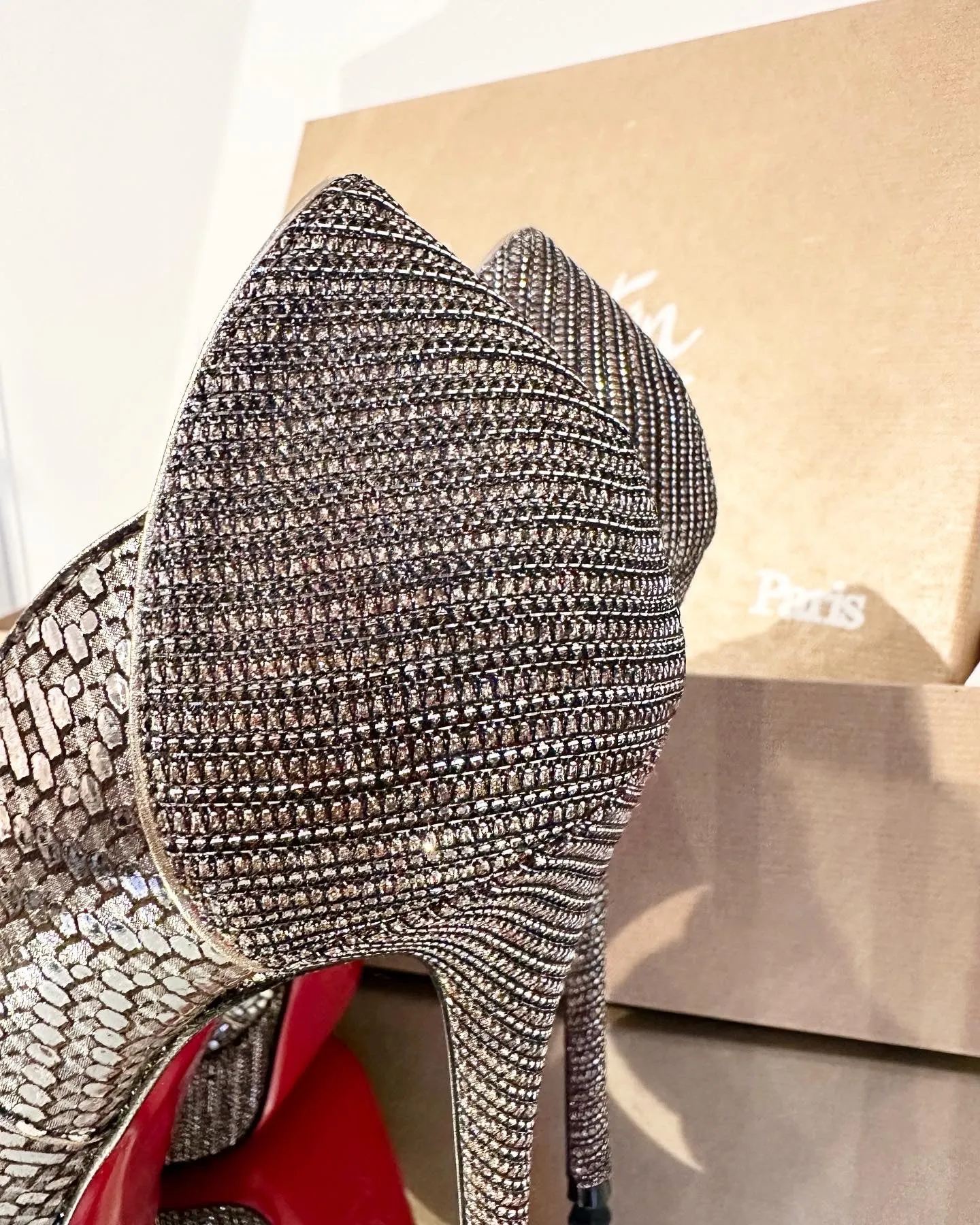 CHRISTIAN LOUBOUTIN 150 MM Silver Metallic Torsatoe Glitter Platform Peep-Toe High Heel Pumps