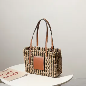 Christmas Gift Fashion Pu Leather Splice Straw Bags for Women 2021 Striped Woven Women Handbag Large Paper Rope Braided Shoulder Bag Beach Tote