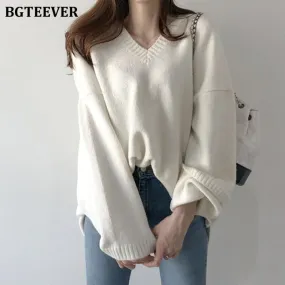 Christmas Gift Joskaa Autumn Winter Sweater Women V-neck Loose Knitted Sweaters Female Knitted Pullover Jumpers 2020 New Casual Knit Tops
