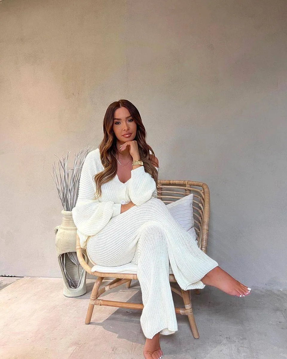 Chunky Knitted Button Up Cardigan Wide Leg Trousers Co-ord Set