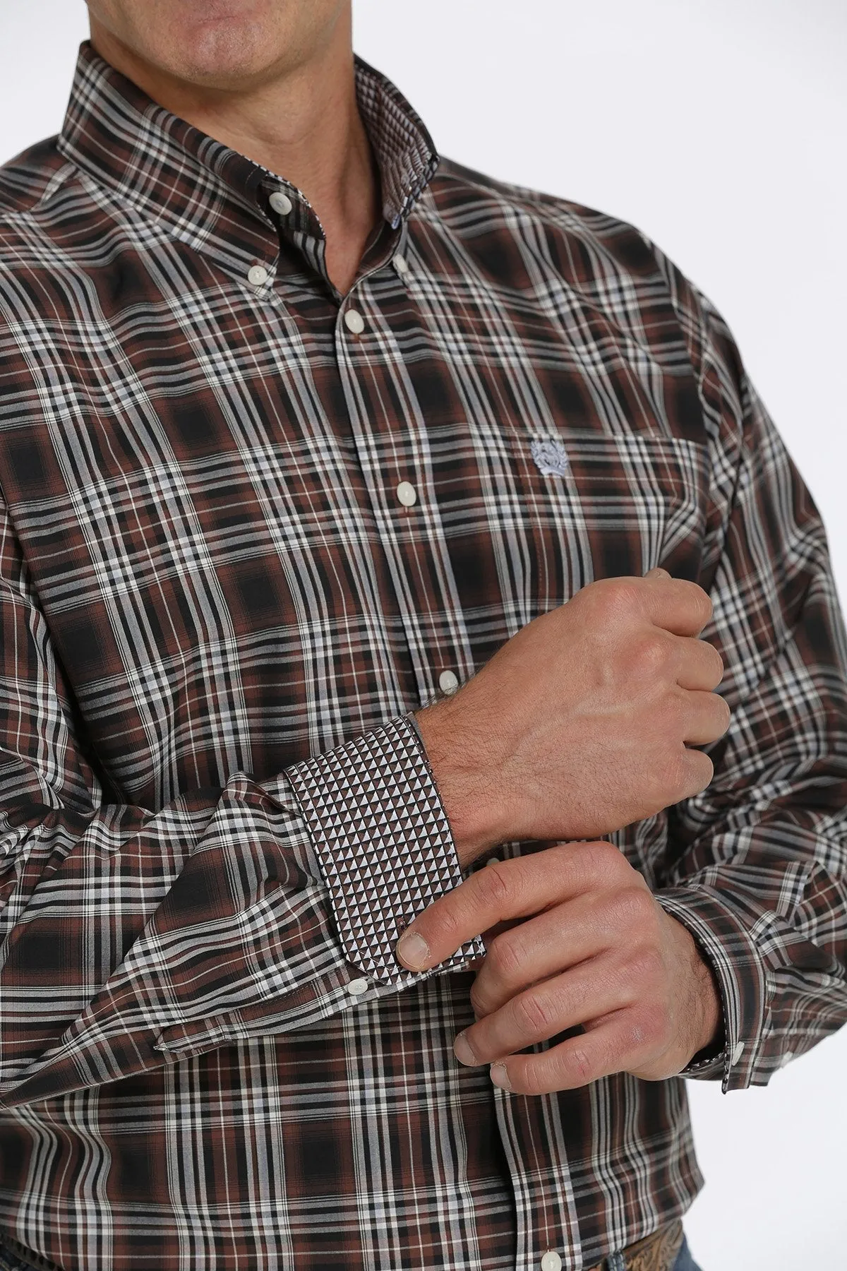 Cinch Mens Plaid Buttoned Down Western L/S Shirt - Brown/Cream - MTW1105452