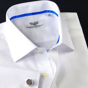 Classic White Poplin Business Formal Dress Shirt WIth Blue Trim