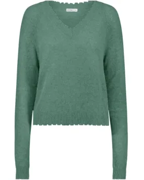 Cloudy Jade Fray V Neck Cashmere Sweater
