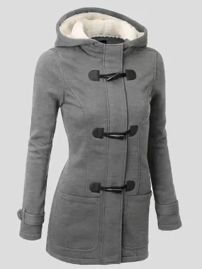 Coats Hooded Horn Leather Double Button Zipper Coat for Women