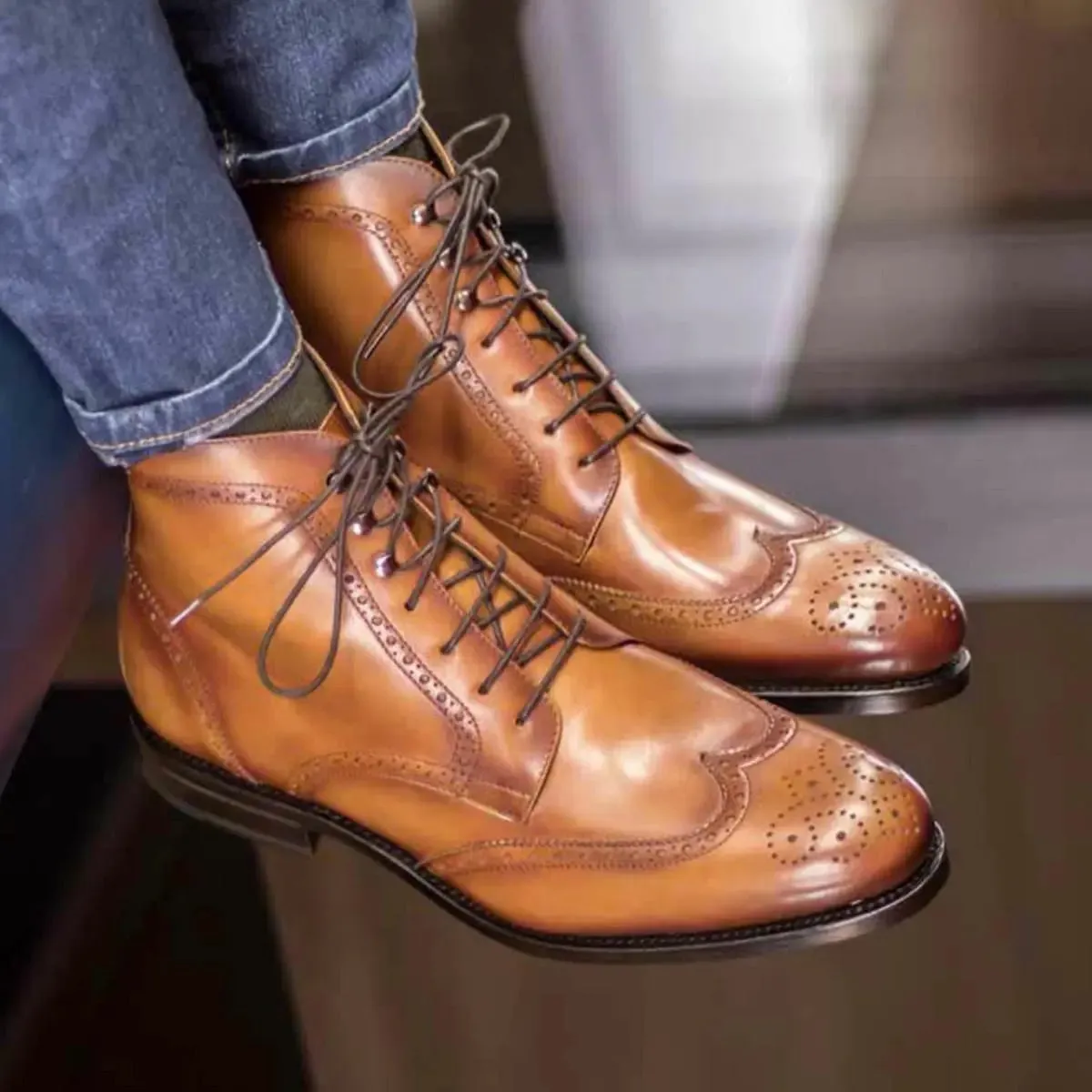 Cognac Calf Leather Brogue Boots