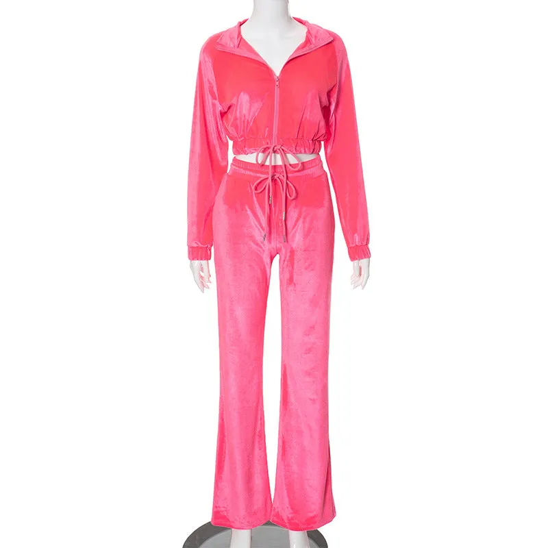 cold weather outfits Joskaa Fashion Women 2 Piece Pink Velvet Tracksuits Sets Zipper Drawstring Sweatshirts High Waist Straight Sweatpants Two Piece Outfits