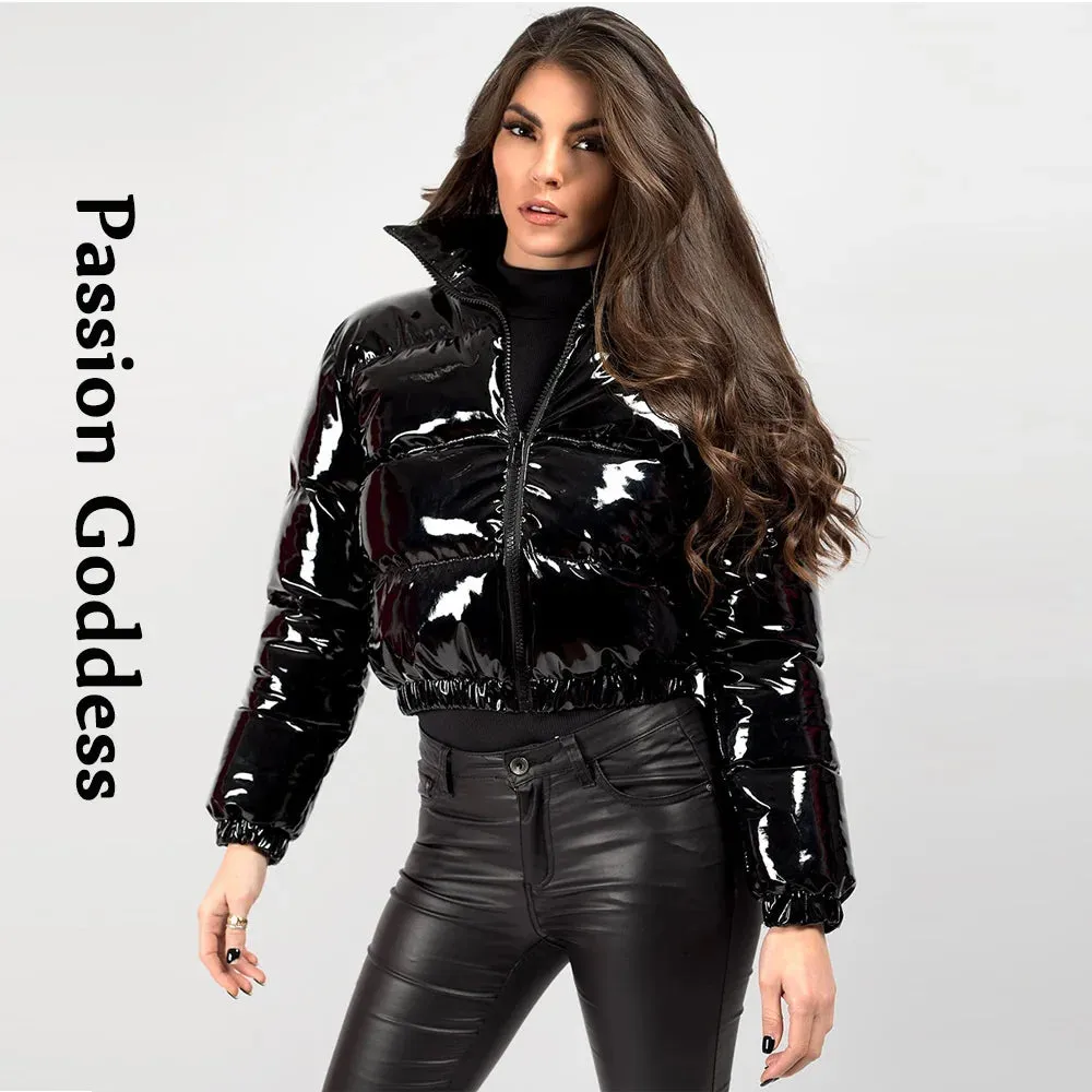 cold weather outfits Joskaa Winter Women Shiny Leather Puffer Jacket Cropped Parka Down Warm Thick Bubble Coats Black PU Leather Parkas Loose Zipper Jackets