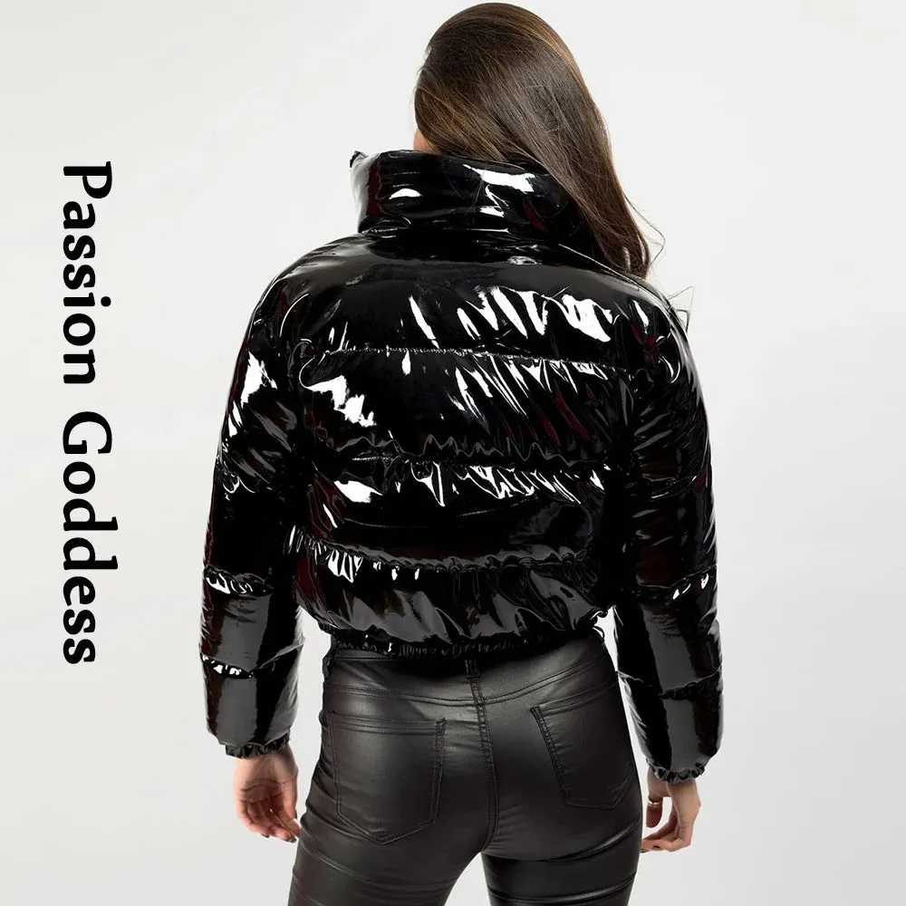 cold weather outfits Joskaa Winter Women Shiny Leather Puffer Jacket Cropped Parka Down Warm Thick Bubble Coats Black PU Leather Parkas Loose Zipper Jackets
