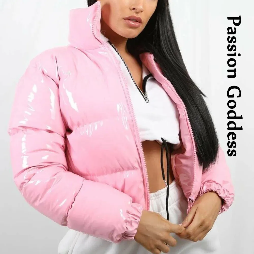 cold weather outfits Joskaa Winter Women Shiny Leather Puffer Jacket Cropped Parka Down Warm Thick Bubble Coats Black PU Leather Parkas Loose Zipper Jackets