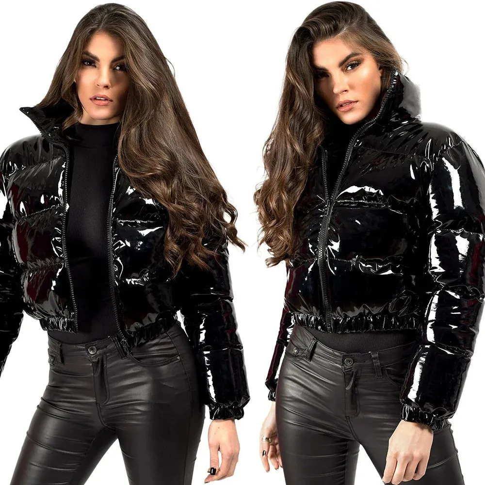 cold weather outfits Joskaa Winter Women Shiny Leather Puffer Jacket Cropped Parka Down Warm Thick Bubble Coats Black PU Leather Parkas Loose Zipper Jackets